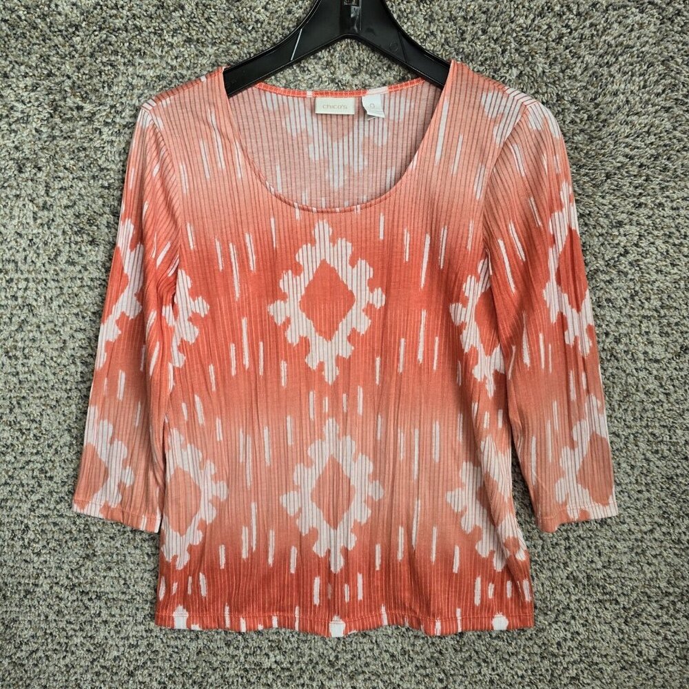 Chicos Top Womens 0 US Small Pink Printed Scoop Neck 3/4 Sleeve Tee Casual